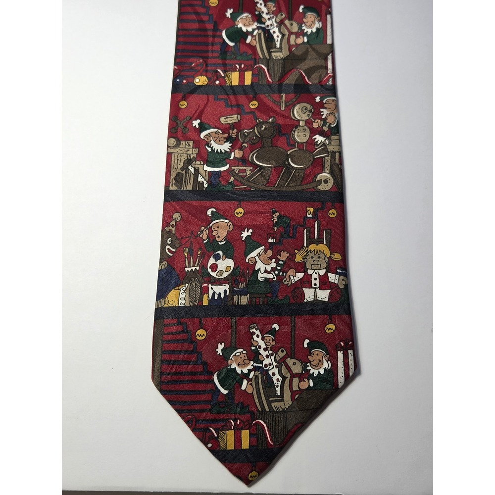 3C Mens Christmas Elf Workshop Comic Print Silk Feel Red Holiday Necktie